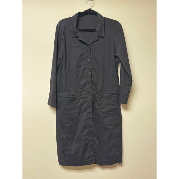 EILEEN FISHER Organic Linen Blend Long Sleeve Shirt Dress Pockets, Black, Sz L - Picture 2 of 8